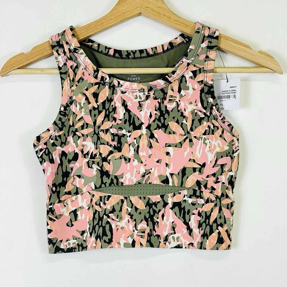 NEW Sweaty Betty Power Crop Top Women XS‎ Green Floral Camo Racerback Athleisure